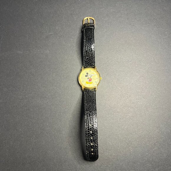 Vintage Disney Mickey Mouse Quartz Gold Case & Black Leather Band Wrist Watch - Picture 3 of 6